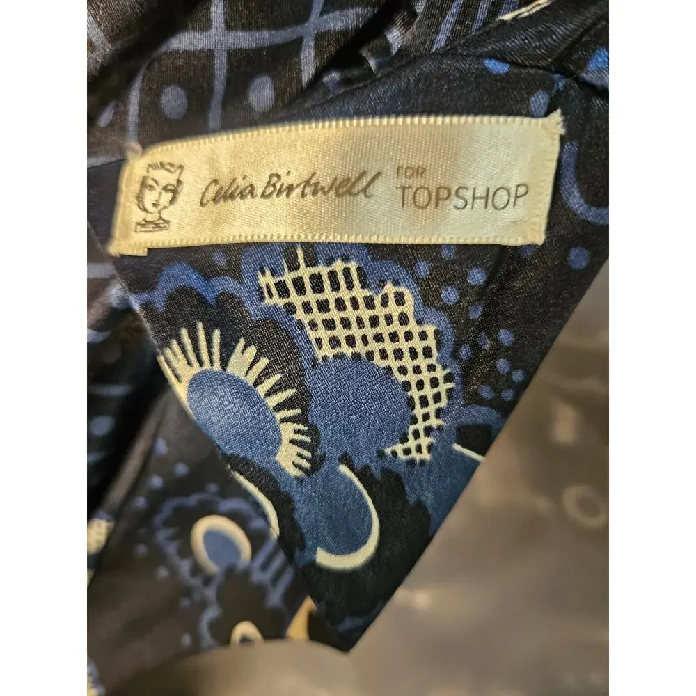 Celia Birdwell Top Shop Blue Floral Dress Vintage Ruffled Open Back Silky Sz 8 - Picture 11 of 13